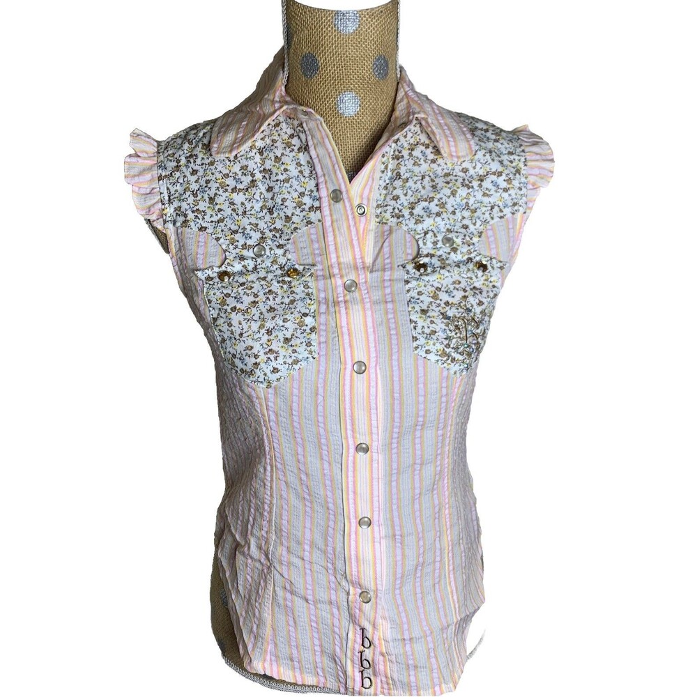 VtG 90s y2k floral Striped button up shirt women Country Cottage Pearl Snap But